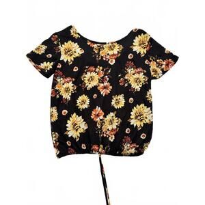 Women's Black Floral Short Sleeve Top with Drawstring Hem